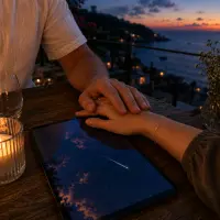 Two hands clasped at a candlelit table above a coastal bay at dusk, a tablet beside them showing a starlit sky